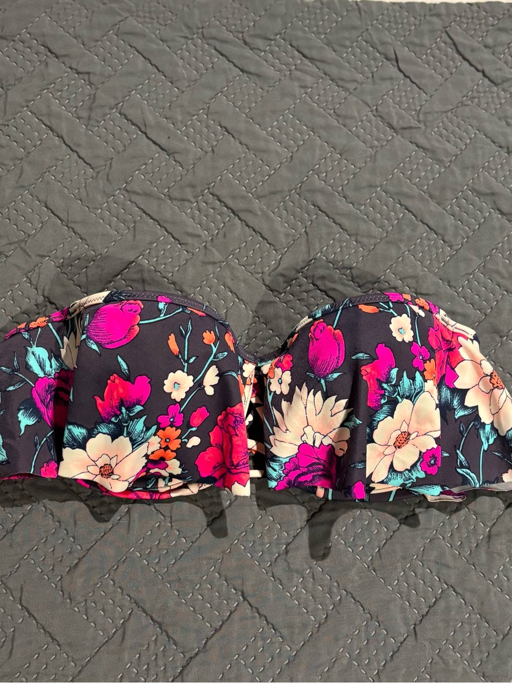 Shade & Shore Black Bandeau Bikini Top with Pink and Cream Floral Print